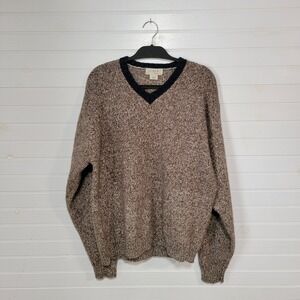 J Crew Mens XL Tall Shetland Wool V-Neck Sweater Brown Pullover Varsity Stripe
